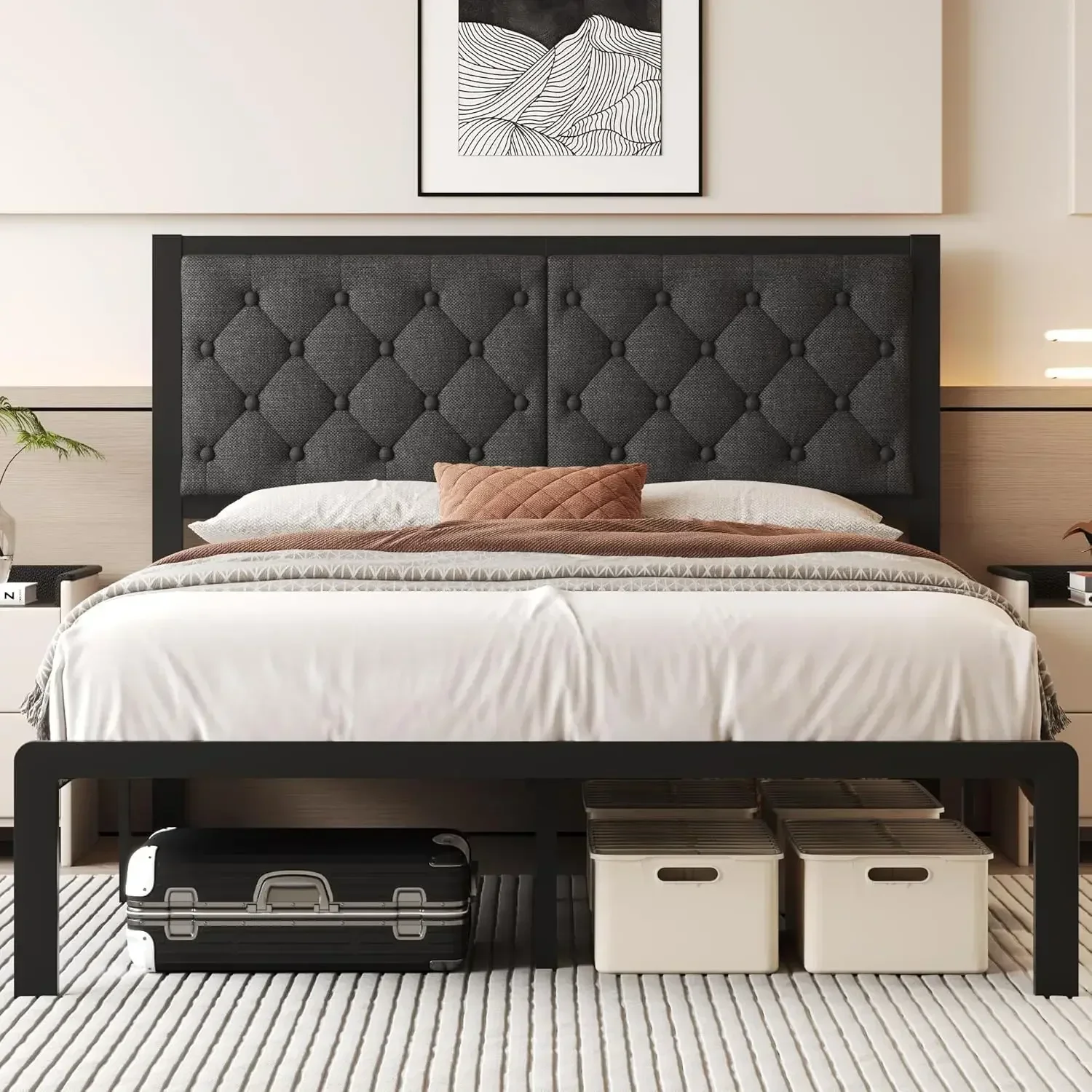 Activity priceQueen Bed Frame Headboard Linen Upholstered Platform All Metal Slats Support Storage Space Easy Assembly Noise Fre