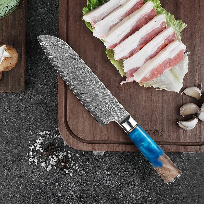 Coltello Santoku damasco coltelli da cucina affilati da 7 pollici coltello giapponese in acciaio damasco per cucinare tritare il taglio di verdure e