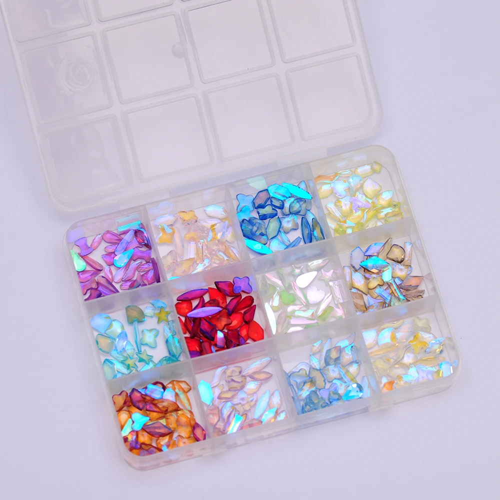 12Grids Aurora Color Resin Nail Charms Rhinestones Flatback Mixed Shapes Shiny DIY Manicure Accessorie Jewelry Decorations