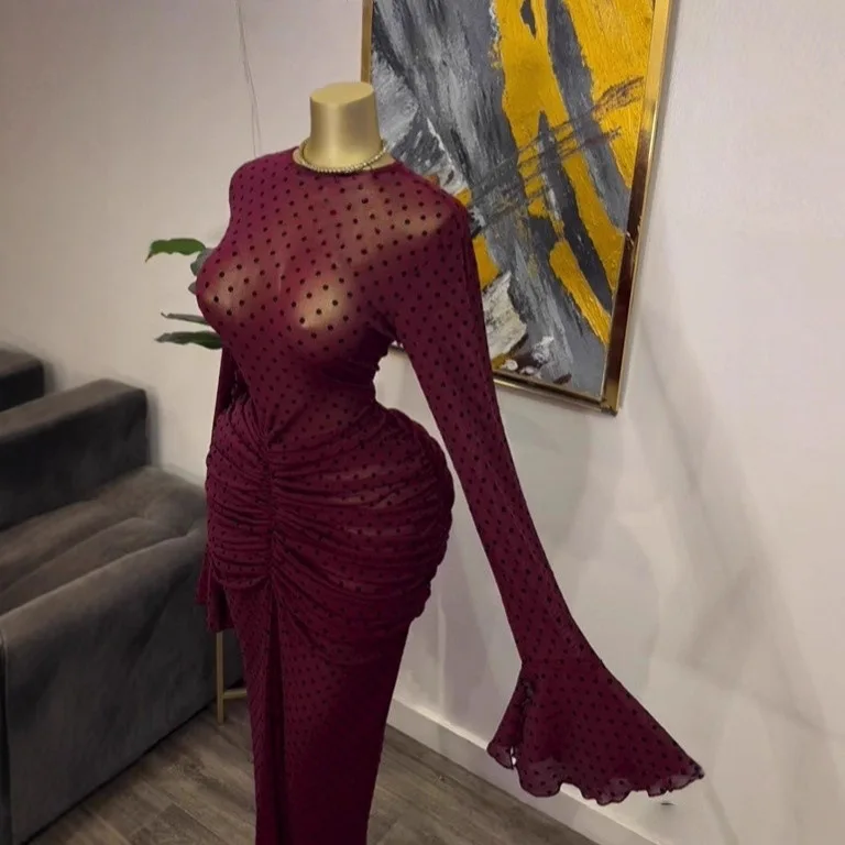 Chic Flared Long-sleeved Mesh Sexy Bodycon Dress Women See-through Flocking Long Dress Including Suspender Midi Dress Y2K