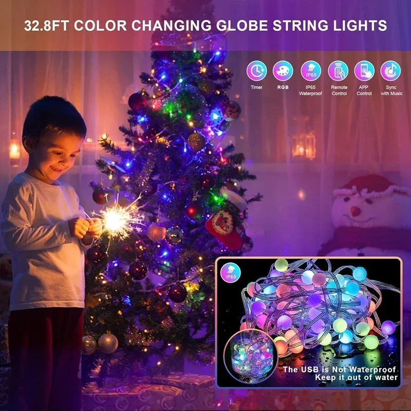 Cuerdas de iluminación LED, lámpara de bola de burbujas impermeable de hadas, aplicación remota Bluetooth, Control de música USB, Color de sueño, Navidad