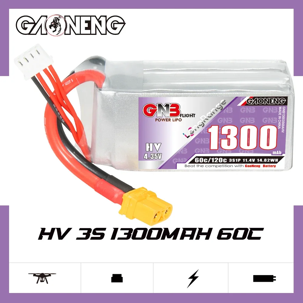 

GAONENG GNB 1300mAh HV 3S 60C 120C 11.4V XT60 LiPo Battery Long Range 4 to 5 inch FPV WLtoys V950 450 Helicopter QAV250