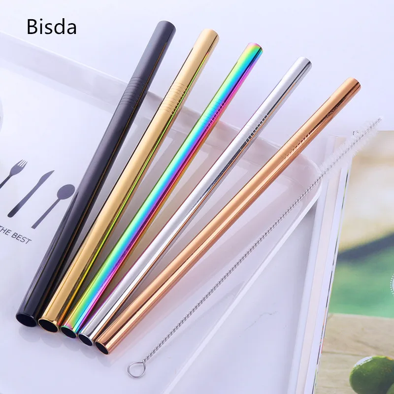 

100pcs Stainless Steel Straws Bubble Tea Diameter 12mm/10mm Reusable Drinking Straw Milk Tea Rainbow Metal Straw With Brush