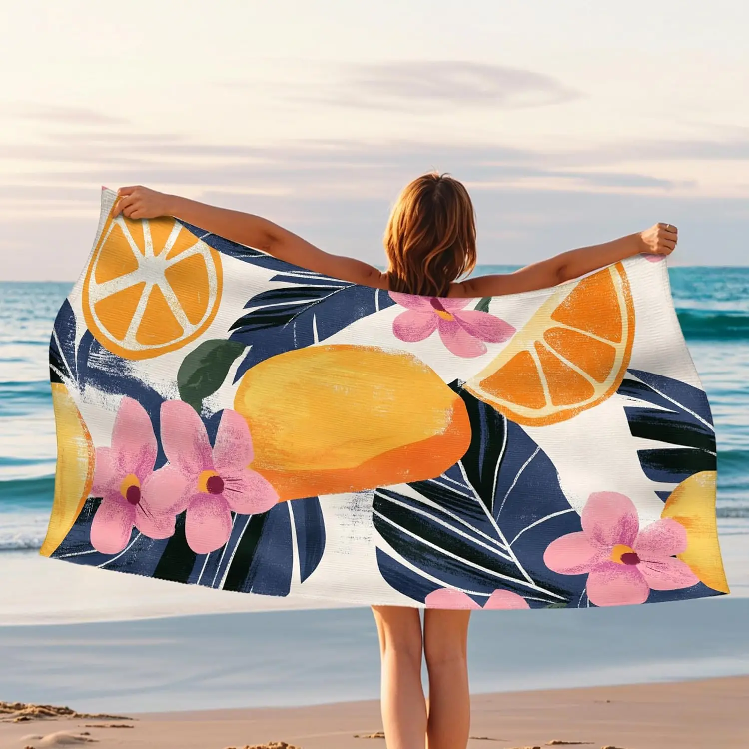 1pc Tropical Fruits Beach Towel Yellow Citrus Floral Microfiber, Quick Dry Absorbent Sand Free Soft Lightweight Travel Blanket