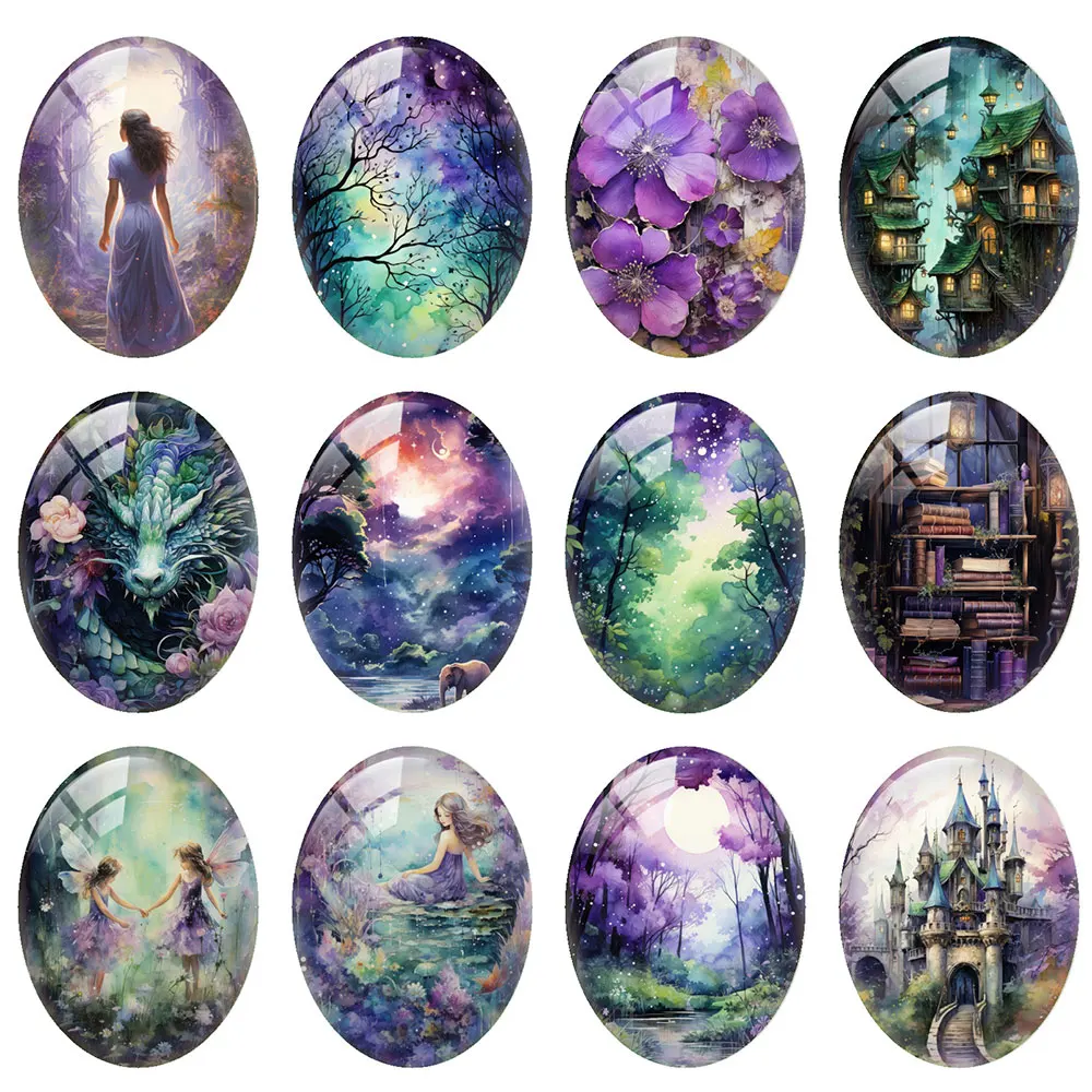 

10pcs/lot Halloween Gothic Purple Secret Wizard Fairy Oval Photo Glass Cabochon Flatback Demo Cameo For Diy Jewelry Making