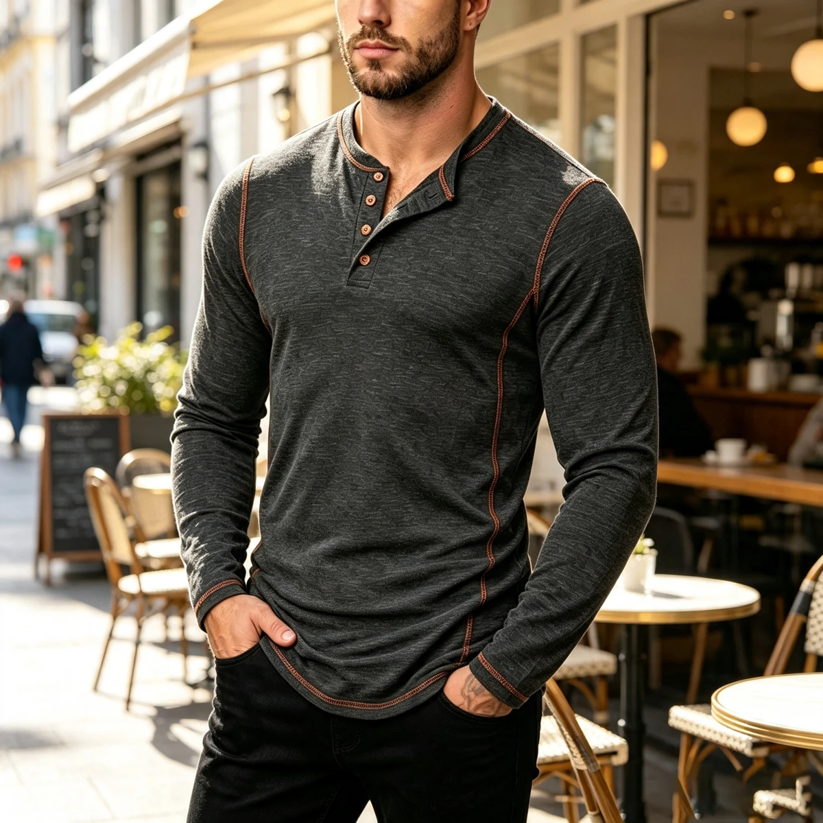 New Spring and Autumn Men's Button Henley Long-Sleeve Running Sports Casual Solid Color Fashion T-Shirt Textured Base Shirt