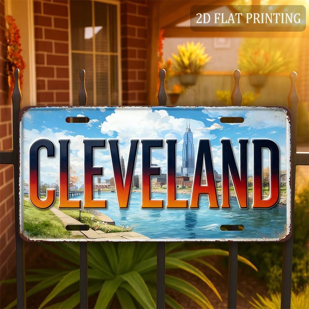 2D Flat, [2D Flat] 1pc for Cleveland USA Lakeside Skyline Metal Wall Sign - 30.48Cm X 15.24Cm Vintage Travel-Themed Decoration S