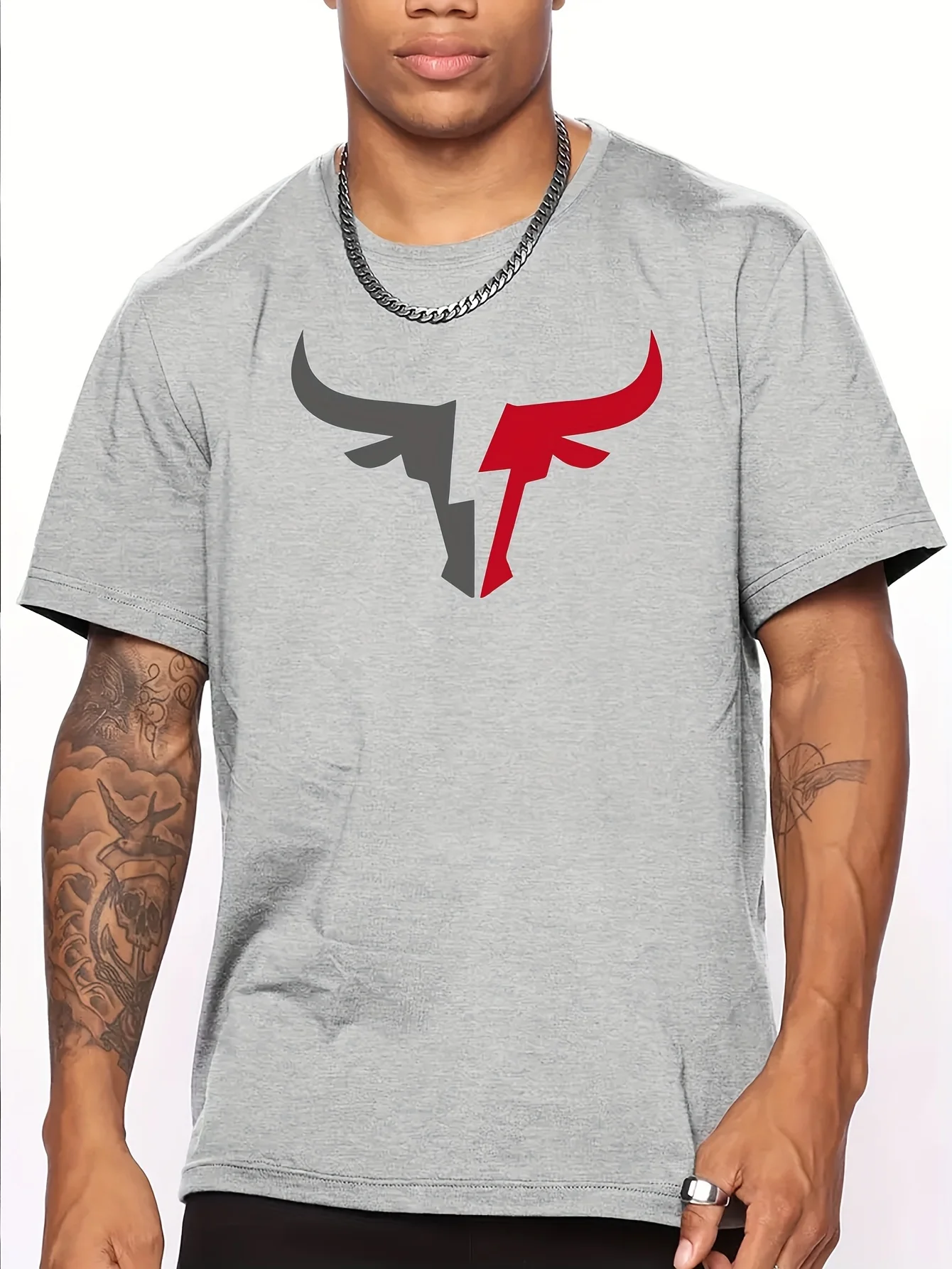 Summer men's 100% cotton comfortable casual loose fit plus size bull pattern print sports round neck short sleeved T-shirt top image 2