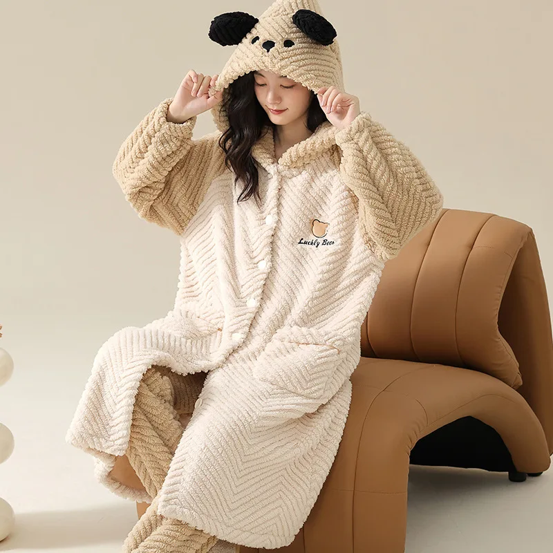 Winter New Thickening Cardigan Long Sleeve 2 Piece Outfit Set Women Flannel Home Clothing with Hood Cartoon Cute Lounge Set