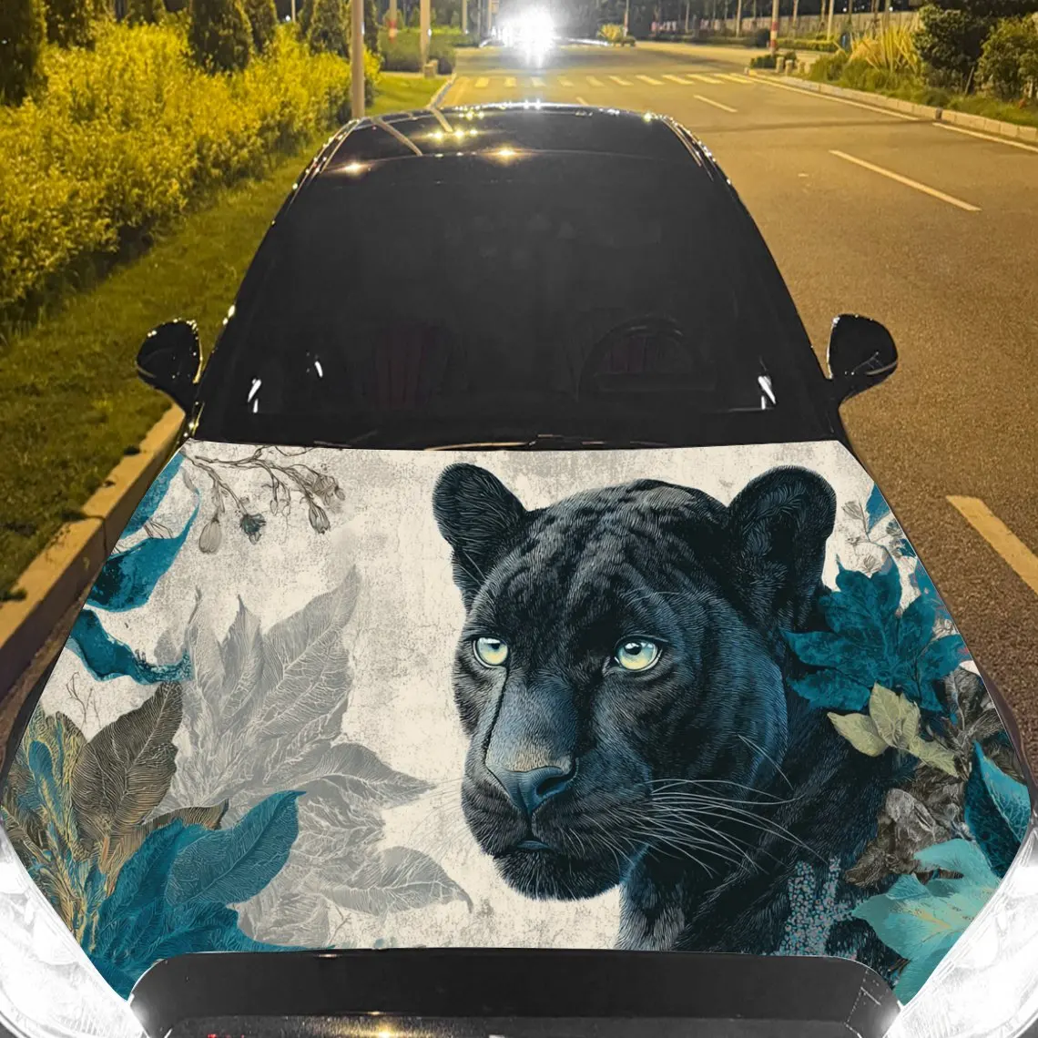 

Car Decal Panther in Artistic Teal & White Foliage - Wild Elegant Aesthetic Car Hood Sticker, Waterproof Self - Adhesive PVC Gra