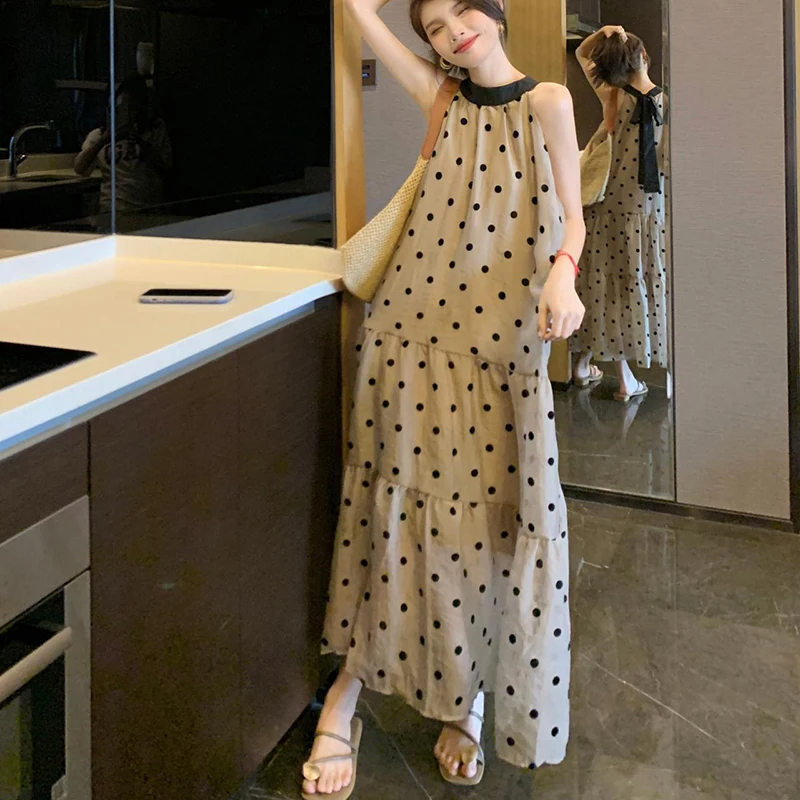 2024 Women's Summer Boho Long Dress Elegant O-Neck Party Dresses Vintage Polka dot Sleeveless Sexy Loose Ruffle Beach Dress Y2K