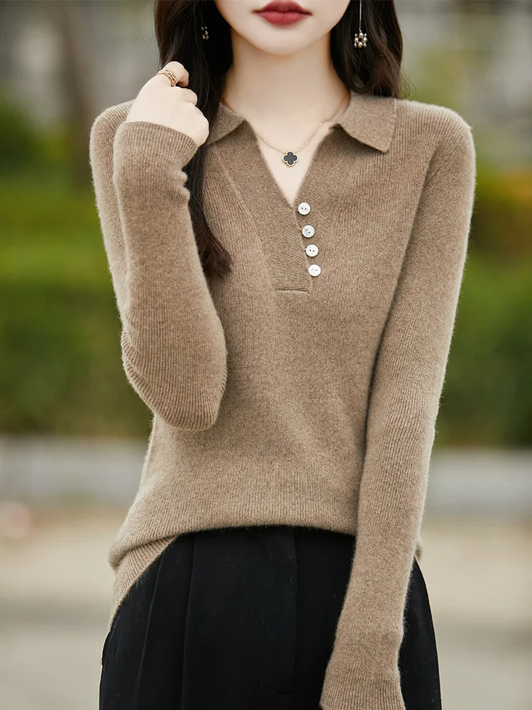 

Women's Pure Wool Knitted Sweater, Buttoned, Lapel, Simple, Top, Pullover, Fashion, Casual, Autumn/Winter 2024