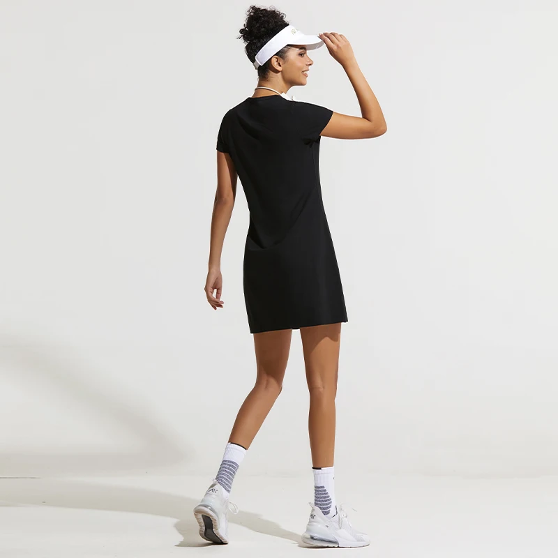 Summer Women Tennis Dress Cotton Female Short Sleeve Black Sport Dress Training Running Fitness Skirt Golf Badminton Dress Suit