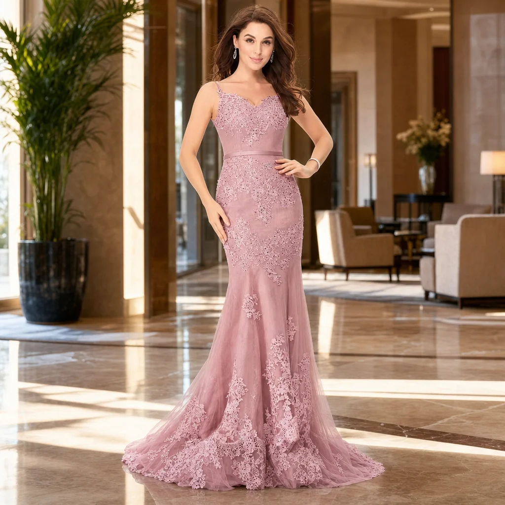 

Exquisite Fashion Bridesmaid Prom Dress Mermaid Sweetheart Backless Spaghetti Straps Lace Tulle Court Train