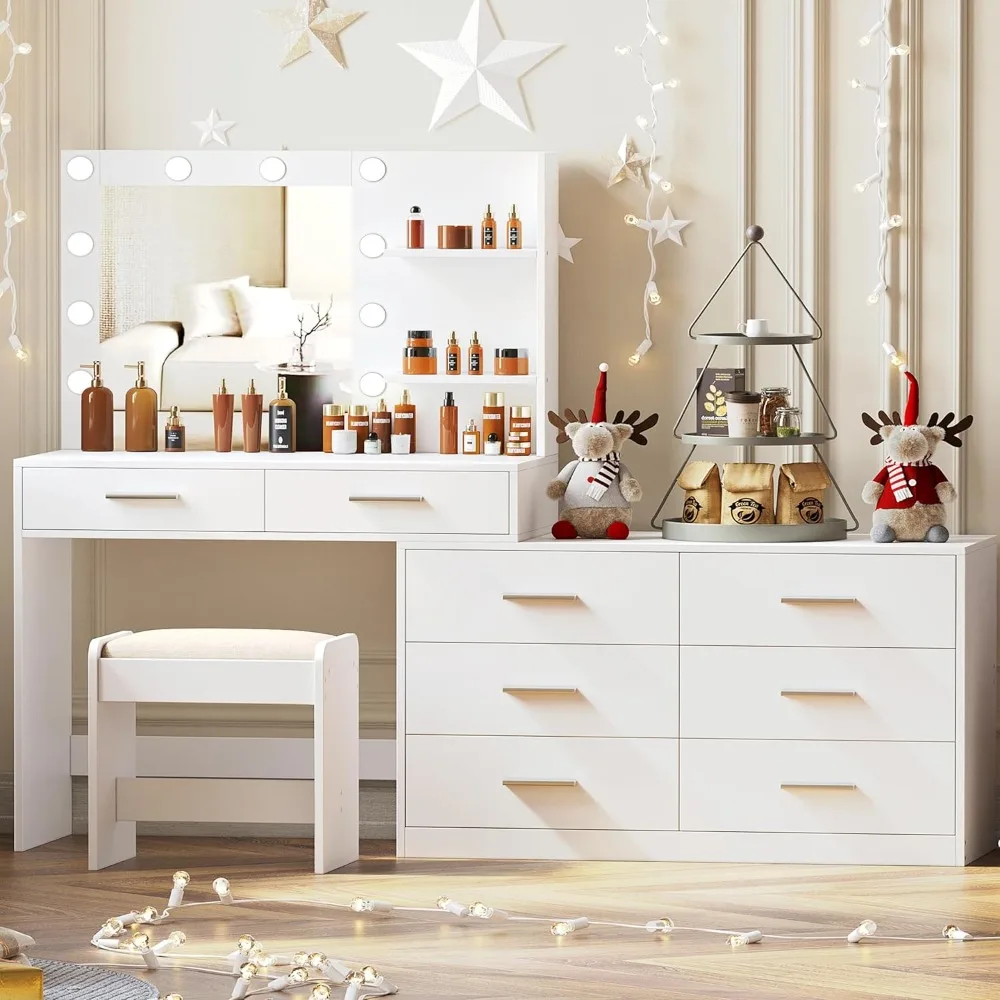 مجموعة مكياج كبيرة الحجم مع مرآة مضاءة بثلاثة ألوان، وطاولة ذات 8 أدراج ورف تخزين جانبي، وطاولة زينة كبيرة قابلة للتعديل #5