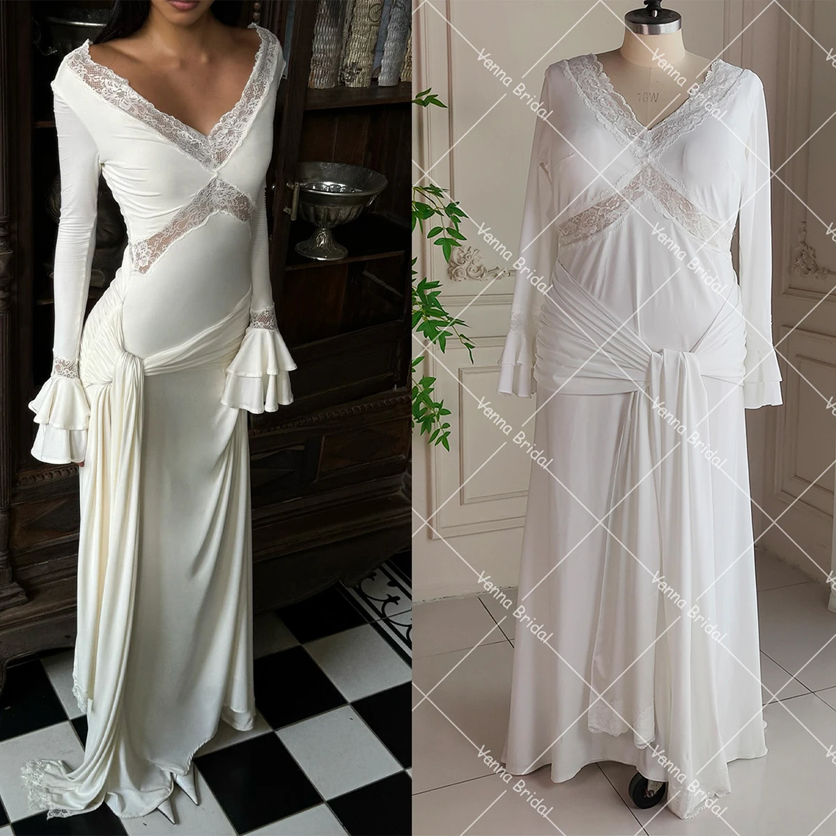 Stretchy Maxi Bridal Dress Sheath Customized Transparent Lace V Neck Real Photos Elastic Fitted Long Flared Sleeves Bridal Gowns