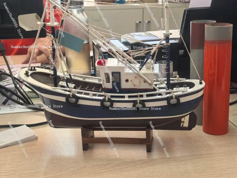 Wooden Handmade Fishing Boat Model Mediterranean Style Living Room Decor Sailboat Art Piece