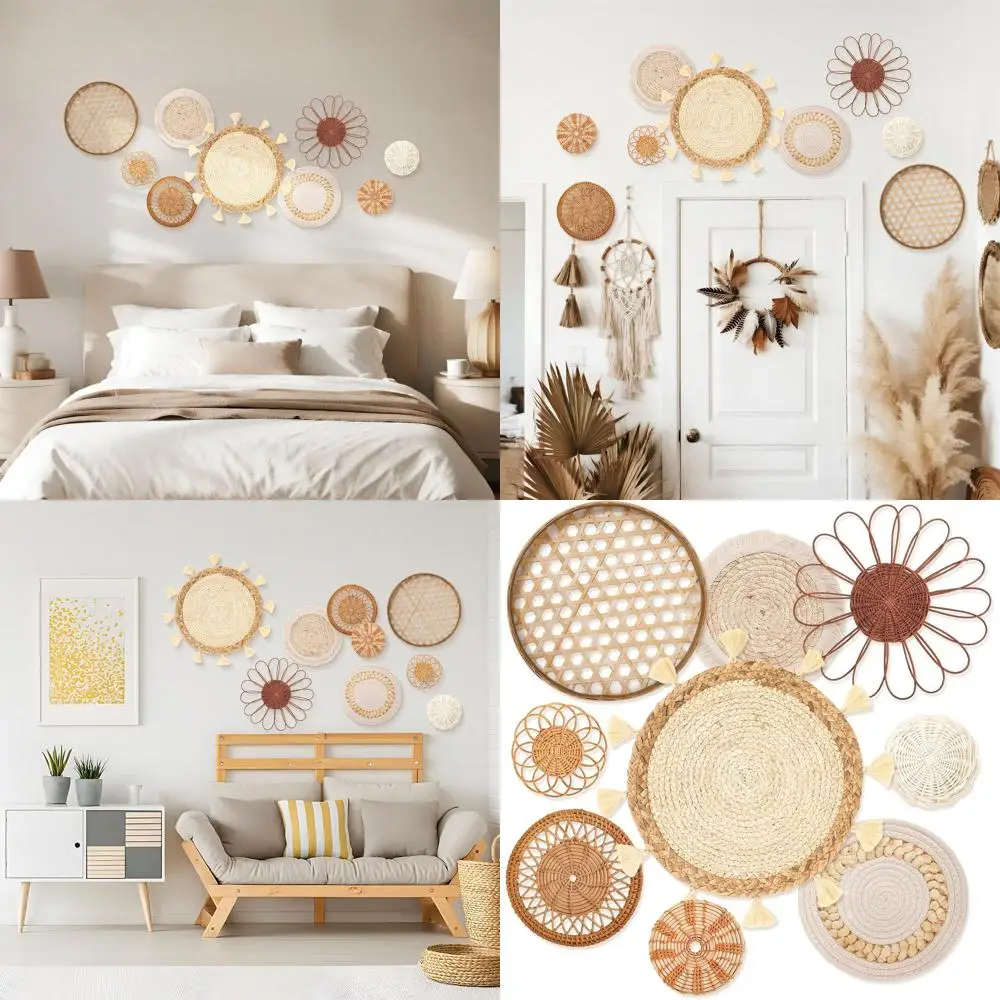 

Набор из 9 плетеных корзин в стиле бохо для декора стен, ручной работы, круглые, для подвешивания, в стиле армхаус или рустик для дома