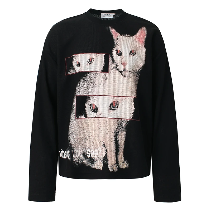 

Waffle Knit Cat Print Long Sleeve T-Shirt Women Harajuku Oversized Graphic Top Aesthetic Casual Streetwear Black Tee Clothing