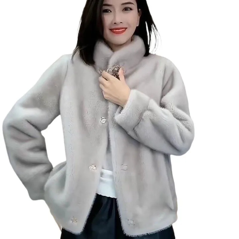 New short stand-up collar leather and fur coat for middle-aged women