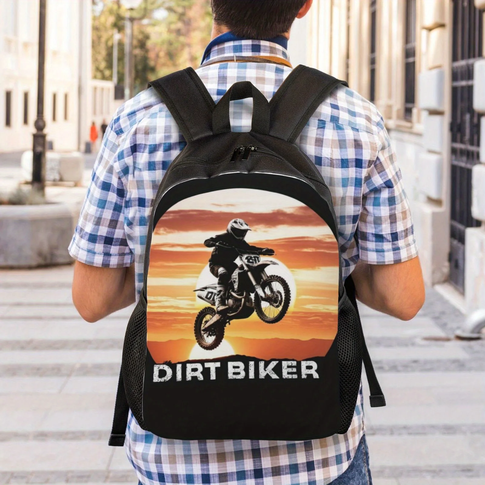 Cool motorcycle printed fashionable backpack with side pockets, can hold water bottles, casual bag