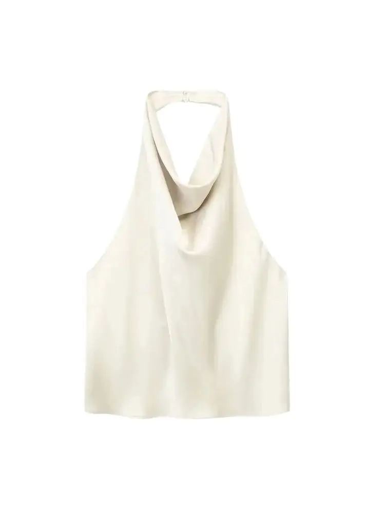 TRZA Women Fashion Satin Flowing Halterneck Tank Tops Sexy Backless With Button Female Camis Mujer image 2
