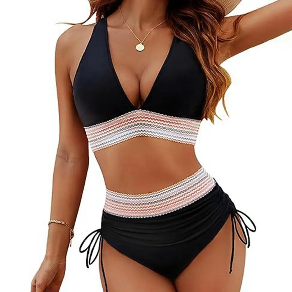 

2Pcs/Set Women Summer Bikini Set V-Neck Patchwork Color Bra High Waist Side Drawstring Swimming Trunks Set Quick Drying Stretchy