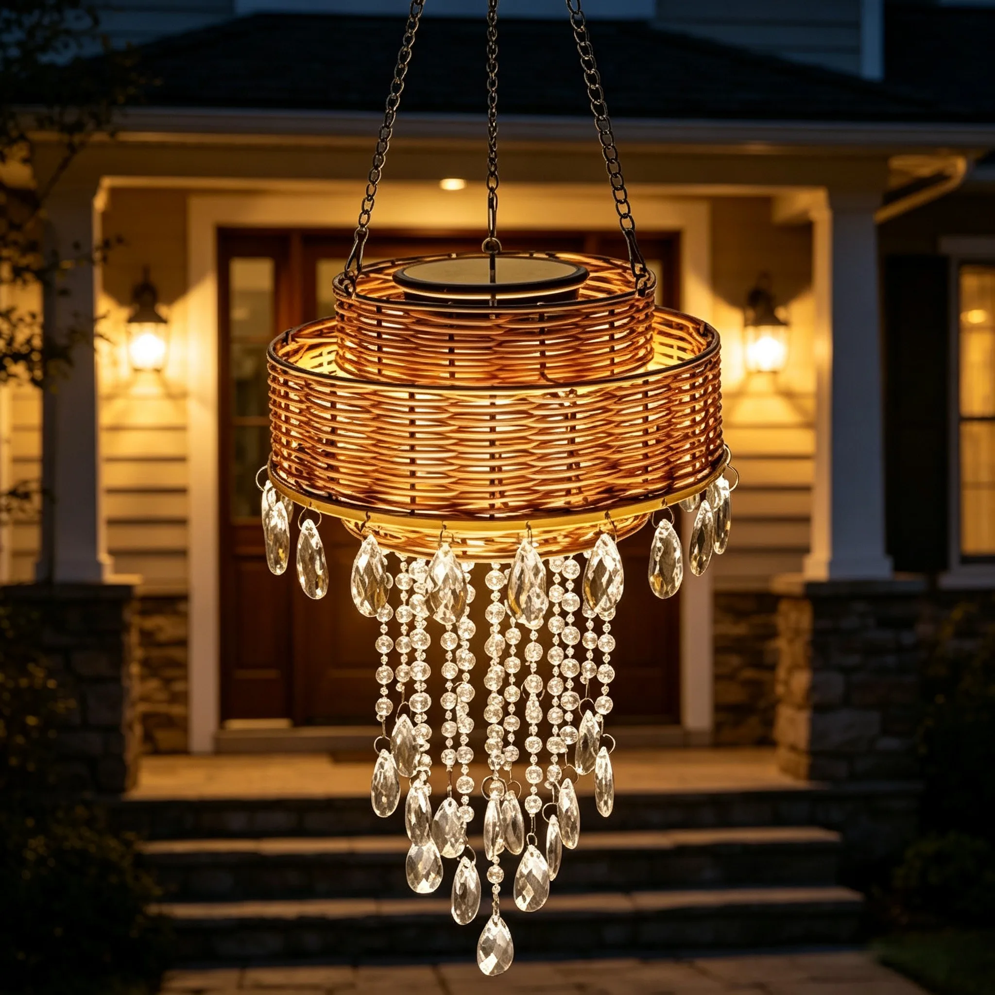Solar Hanging Chandelier with Cascading Clear Gemstone Pendants for Outdoor Decor on Trees Gazebos and Porch Ceilings
