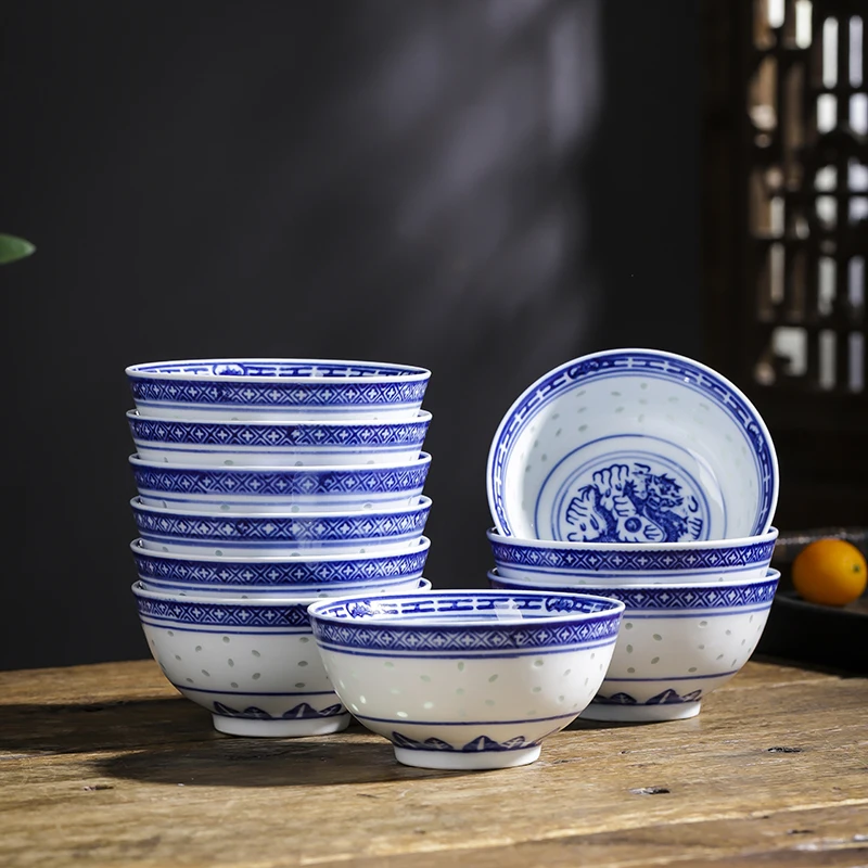 10pcs Jingdezhen Blue and White Porcelain Ceramic Bowl Underglaze Color Tableware Noodle Bowls Vintage Dragon Rice Bowls Kitchen