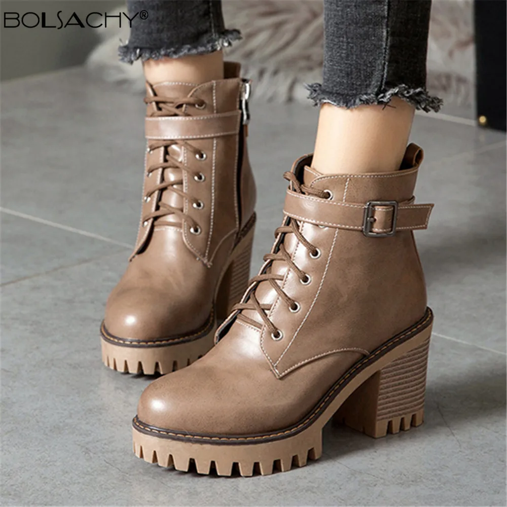 2024 Black Platform Ankle Boots Women Winter PU Leathe Lace-Up  Thick High Heels Motorcycle Botas Mujer Brown Yellow 33-43