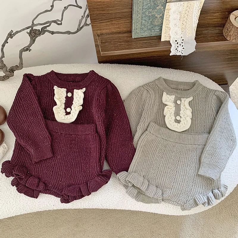 2024 New Autumn Newborn Baby Girls Clothing Set Long Sleeved Knitted Pullover+Shorts Toddler Baby Girl Knitted Clothes Suit