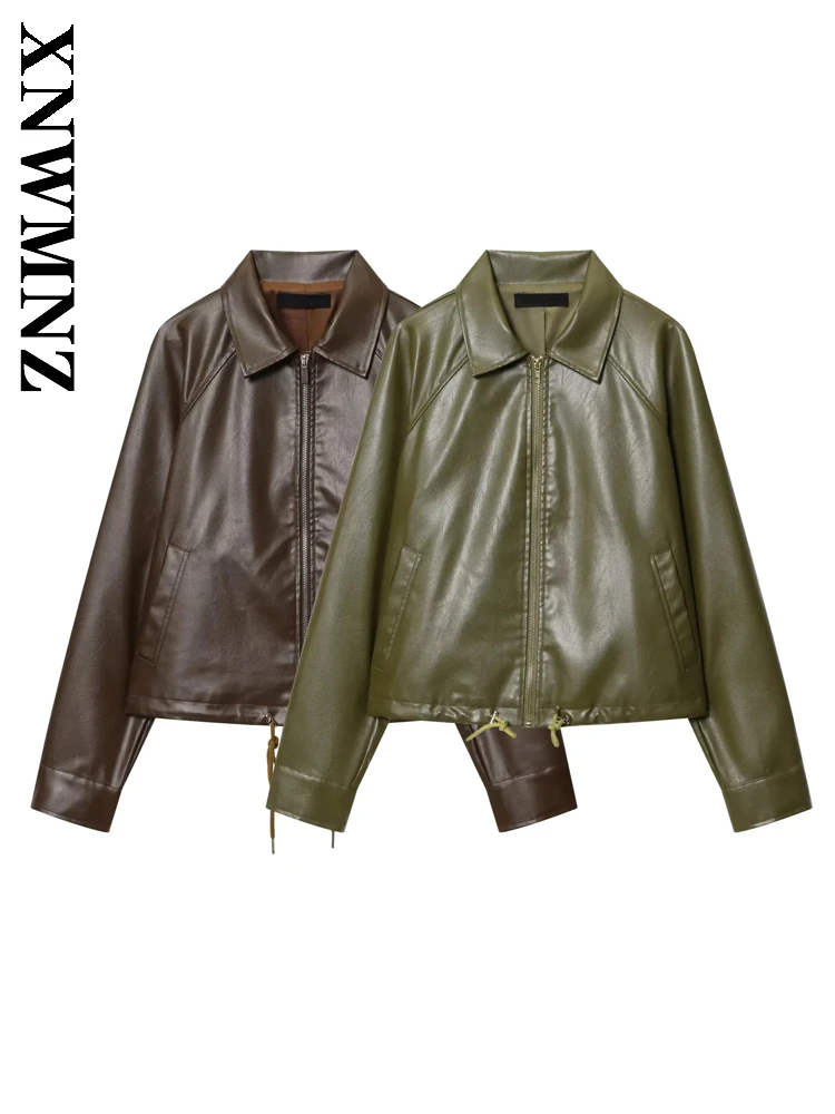 

XNWMNZ 2025 осенняя женская повседневная винтажная верхняя одежда из искусственной кожи с длинными рукавами, модная простая женская кожаная куртка для поездок на работу