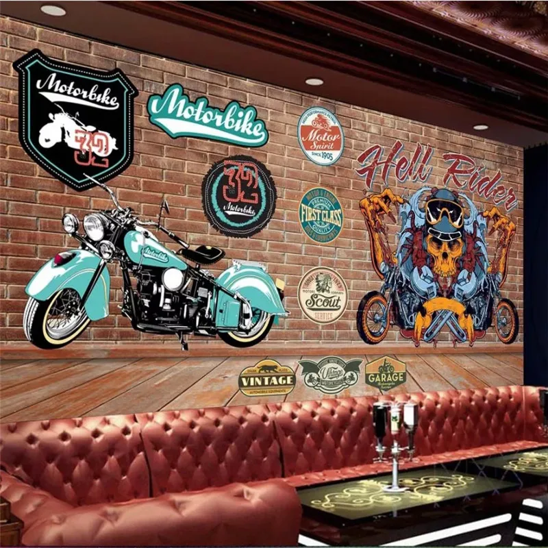 

European Retro Motorcycle License Plate Red Brick Wall Background Mural Wallpaper KTV Bar Industrial Decor Wall Paper 3D