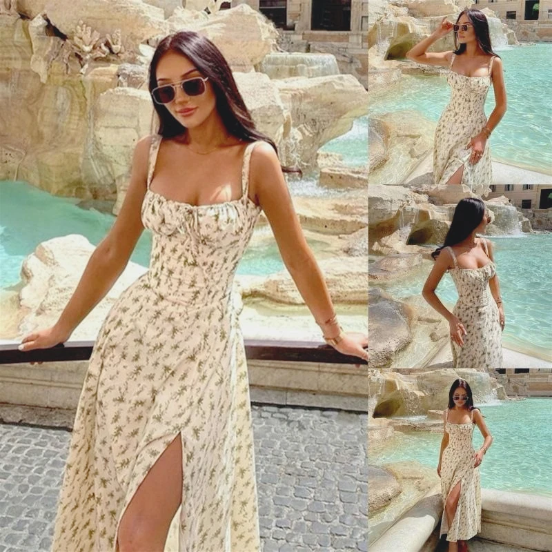 

2025 French Style Pass Summer New Fashion Suspender Split Holiday Style Dress Is Very Thin and Transparent Latex Bodysuit