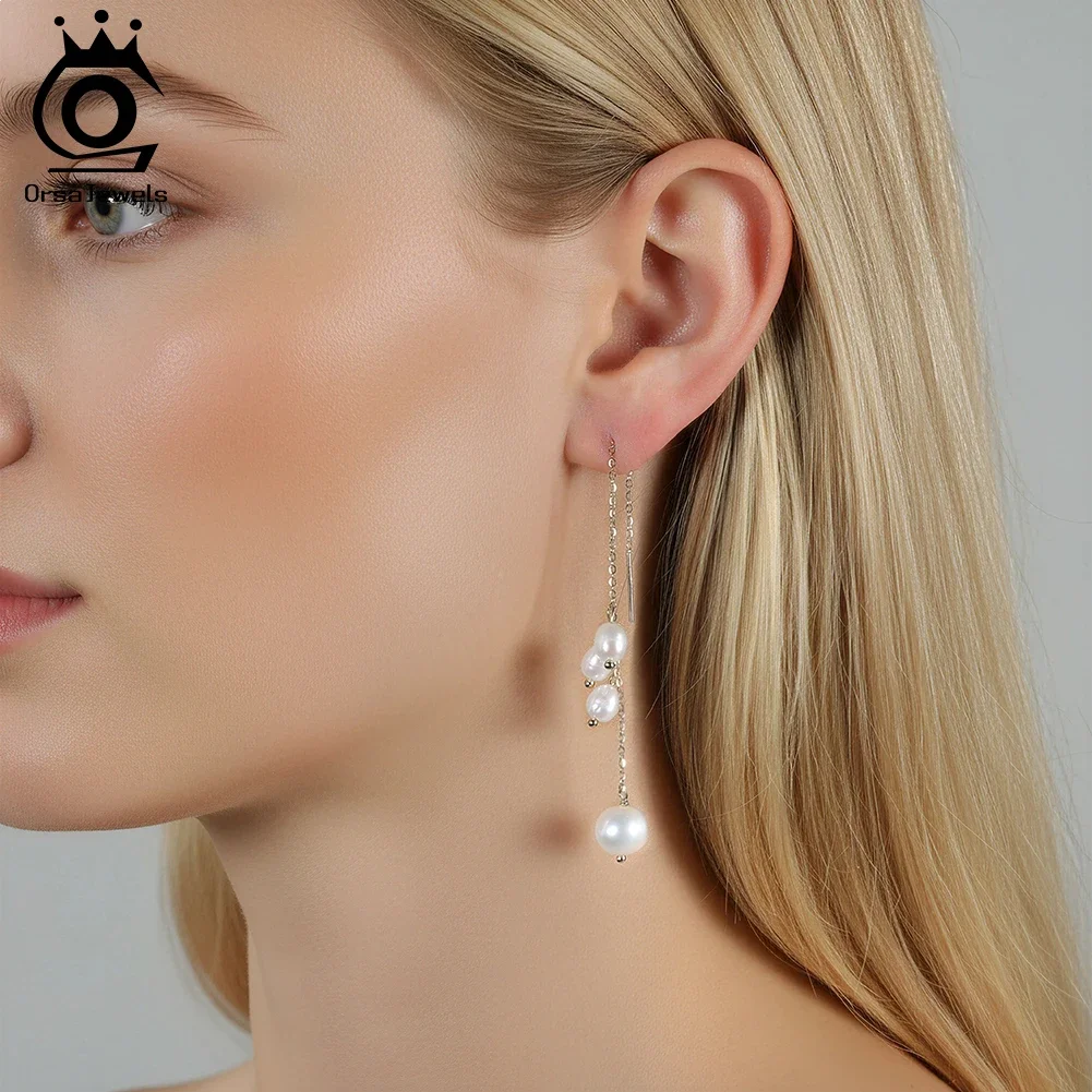 

ORSA JEWELS Personality Branch Tassel Earings S925 Silver 14k Gold Plated Natural Pearl Earrings For Women Jewelry GPE127
