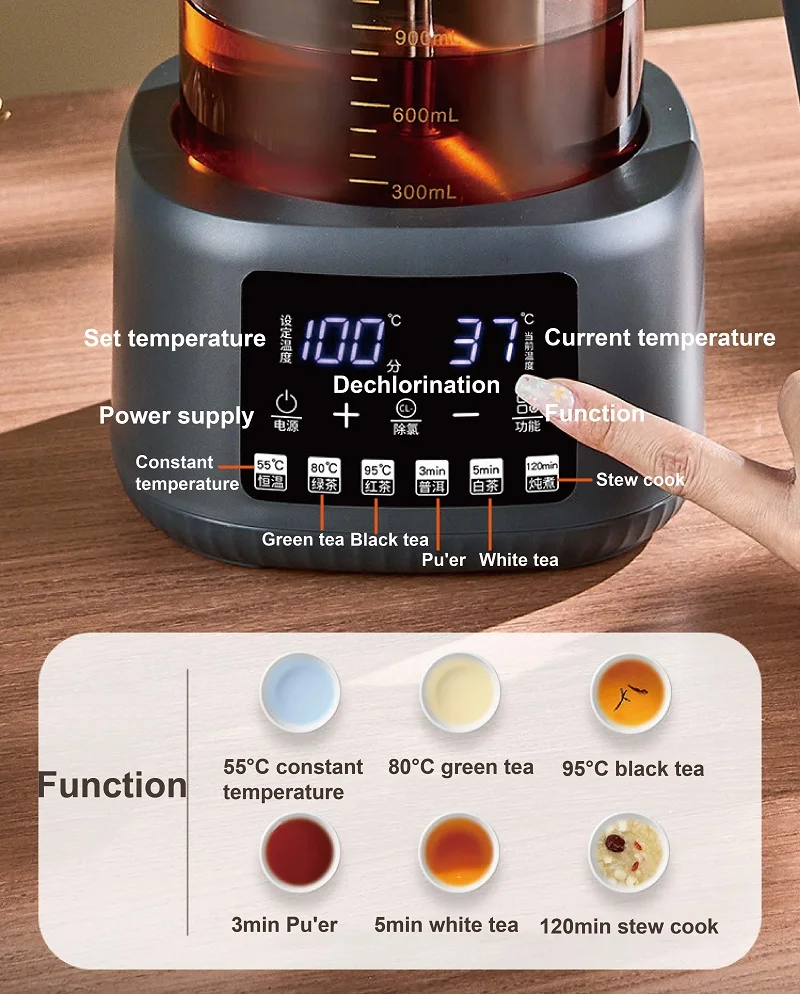 1.3L غلاية كهربائية بوير الشاي البخار رذاذ إبريق الشاي مكتب زجاج زهرة إبريق الشاي التحكم في درجة الحرارة غلاية صحية متعددة الوظائف #3