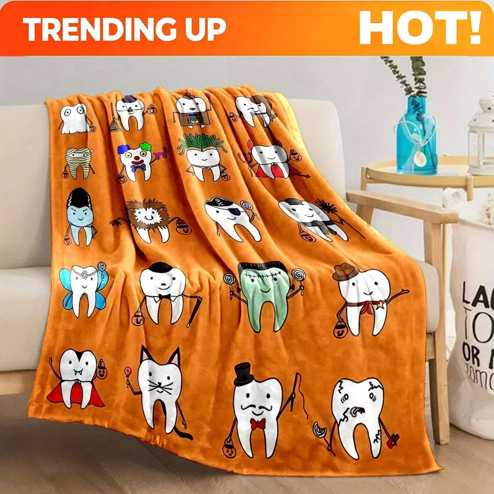 Customization 1pc, Cartoon Teeth Print, Reversible Flannel Fleece Blanket, Contemporary Style, All-Season, No Shedding, Durable,