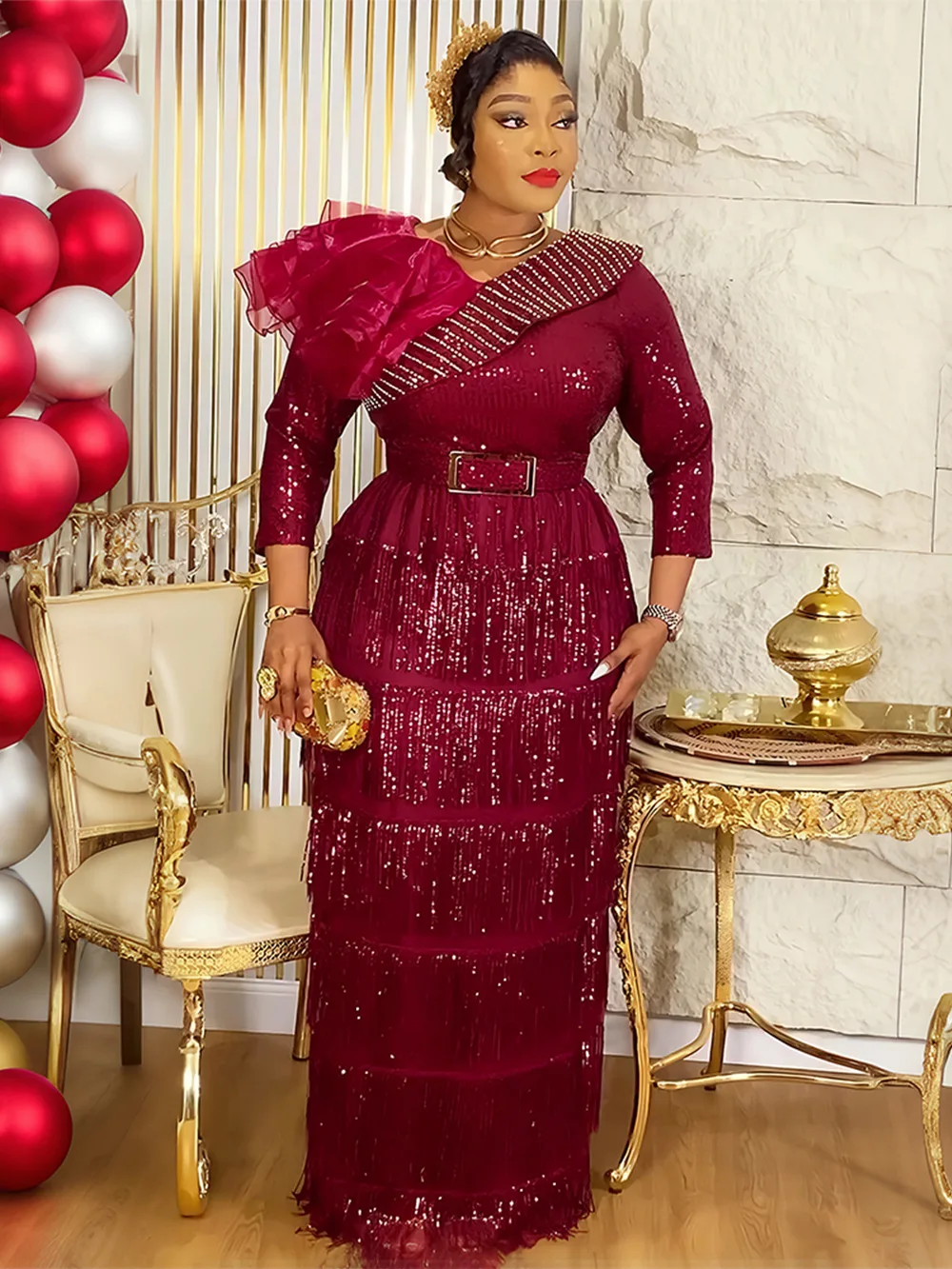 ชุดราตรีงานเลี้ยงหรูหรา ประดับเลื่อม ชุดเดรสยาวสำหรับผู้หญิง งานแต่งงาน งานพรอม ชุดเดรสจีบยาว เสื้อผ้าแอฟริกัน ชุดคาฟทันดูไบ