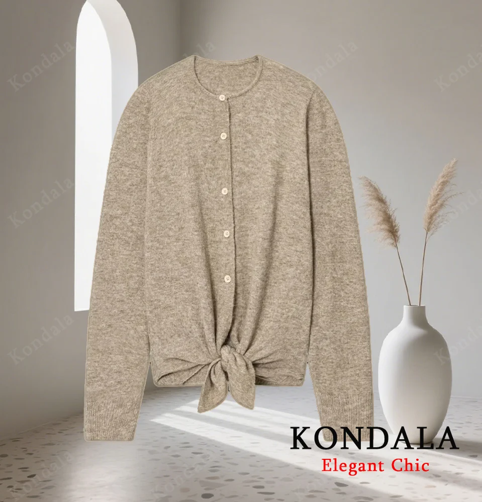 

KONDALA Women Casual Slim Cardigan Knot Knitted O-Neck Buttons Long Sleeve Cardigan 2025 Fall Winter Mujer Elegant Chic Coat