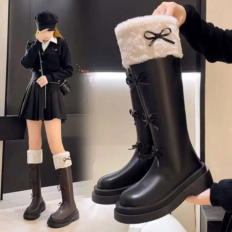 

2025 Autumn Winter Mid-calf Boots Bowknot PU Leather Snow Boots Korean Style Girls Sweet Thick Bottom Boots Student Cotton Shoes