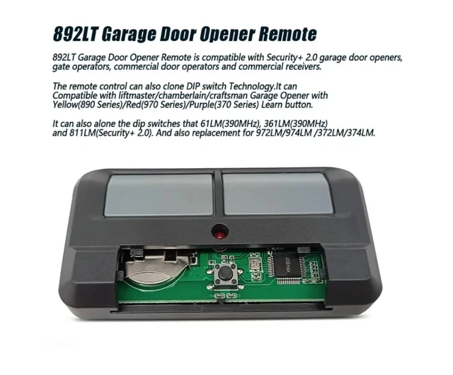 892LT Compatible with 372LM 972LM for LIFTMASTER  811LM Security+ 2.0 Learning Garage Door Opener Remote Control easily program