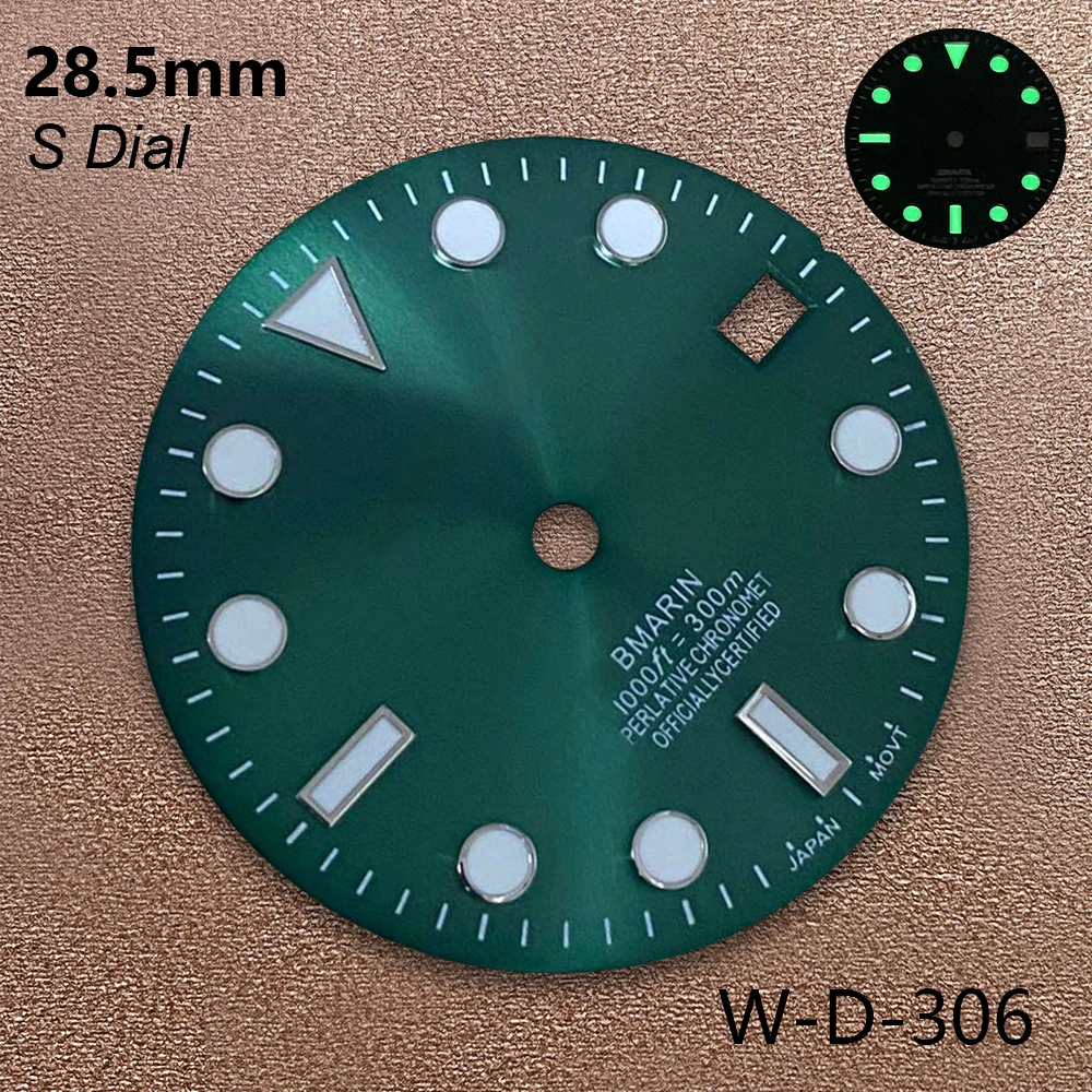 28.5mm S Logo SUB Dial Fit NH35/NH36 Japanese Movement  Green Luminous 3/3.8/4 O'clock Watch Modification Accessories