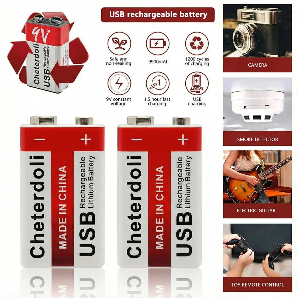 

9V Li-ion Battery USB Charging 9900mAh 6F22 Rechargeable for KTV Microphone Remote Control Game Boy Smoke Detector Mercury Free