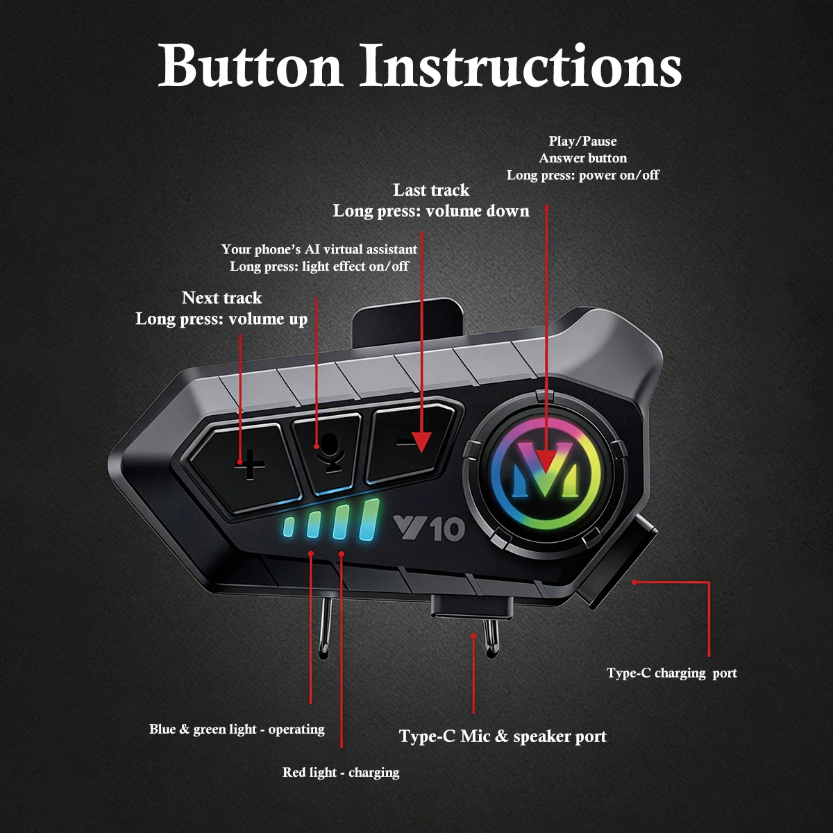 Independent Light Switch Helmet Earphone For Universal Motorcycle Helmet TypeC Fast Charge Three Color Battery One Key Accessory