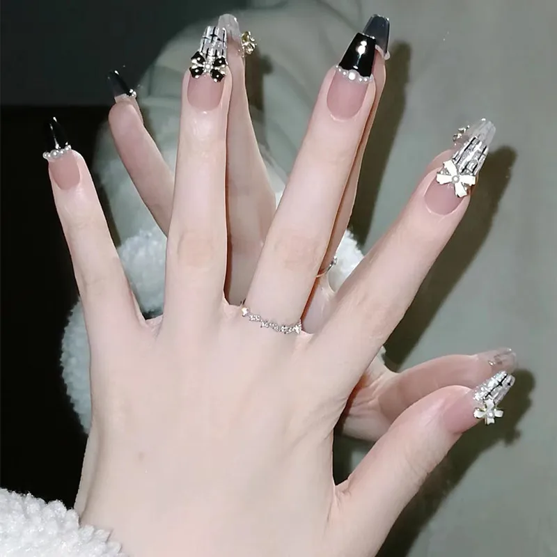 Faux ongles artificiels portables, couverture complète, bouts d'ongles français, poignées amovibles, N64.avec motifs, 10 pièces