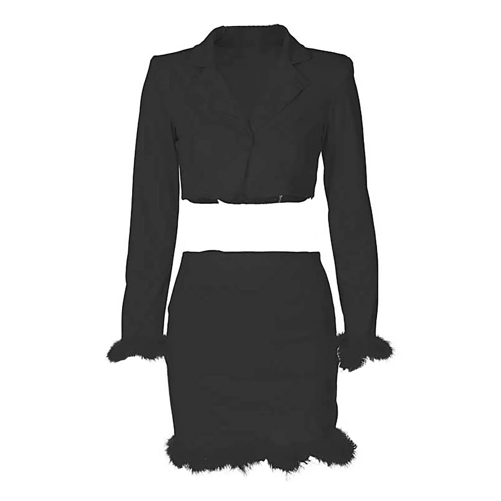 2 Pcs/Set Women Top Mini Skirts Set Waist-exposed High Waist Button Fluffy Turn-down Collar Spring Female Suit