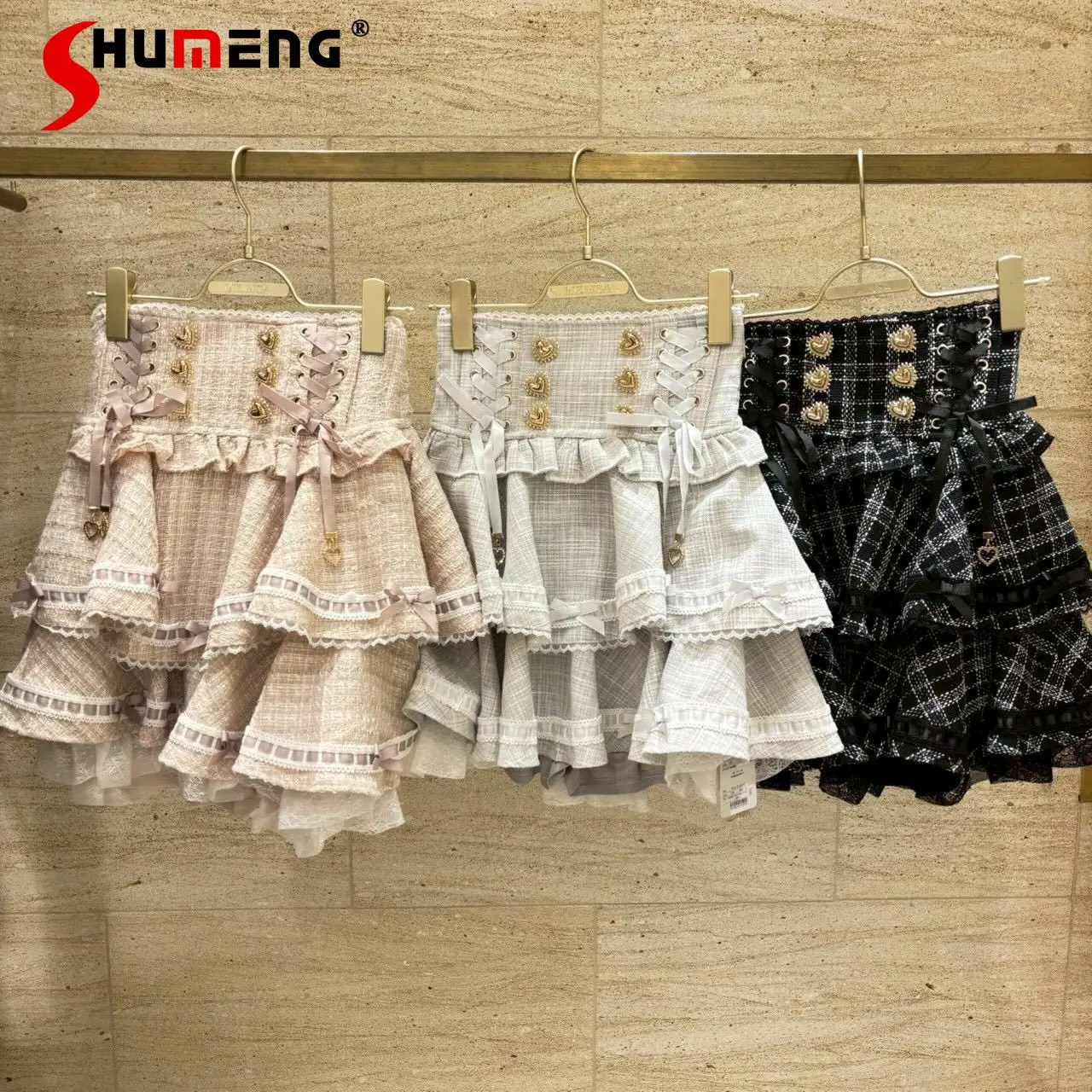 

Japanese Style Liz Mini Cake Skirt Heart Buckle Double Layer Plaid Bow Lace-up High Waist Versatile Sweet Lolita Skirt for Women