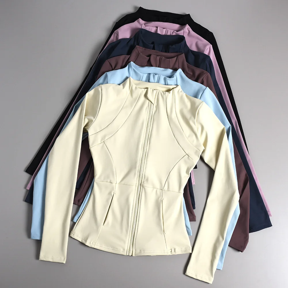 

2025 New High Quality Standing Collar Nude Polyester Cardigan Coat Outdoor Breathable Long Sleeve Fitness Yoga Jacket
