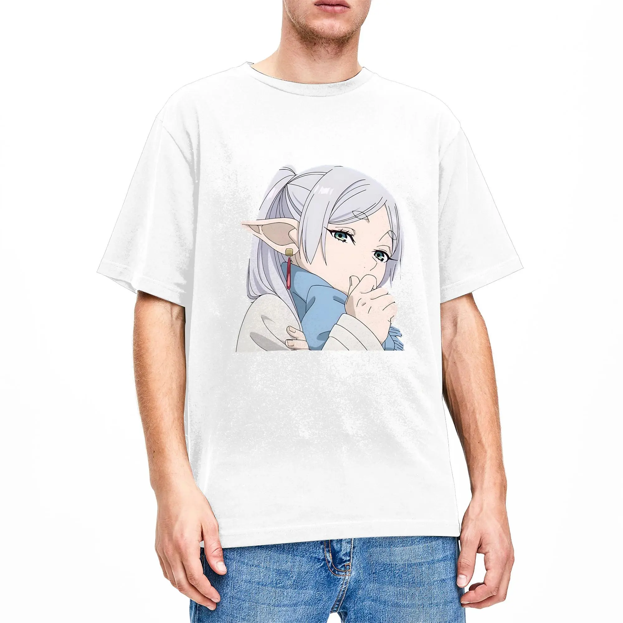 Men Women's Frieren Thoughtful T Shirts  Cotton Tops Funny Short Sleeve Round Neck Tees Printing T-Shirt