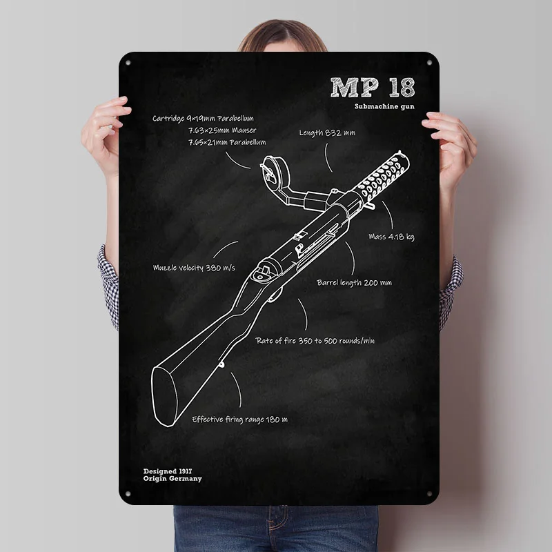 MP 18 Submachine Gun Ww1 Printing Poster Customized Retro Wall Art Vintage Metal Signs for Room Office Decor Decoration Home